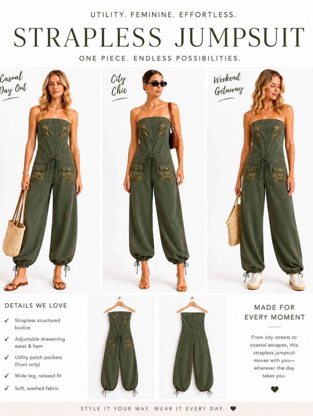 Hotkiss Olive Green Chic Strapless Utility Jumpsuit | Size L - Picture 4 of 8